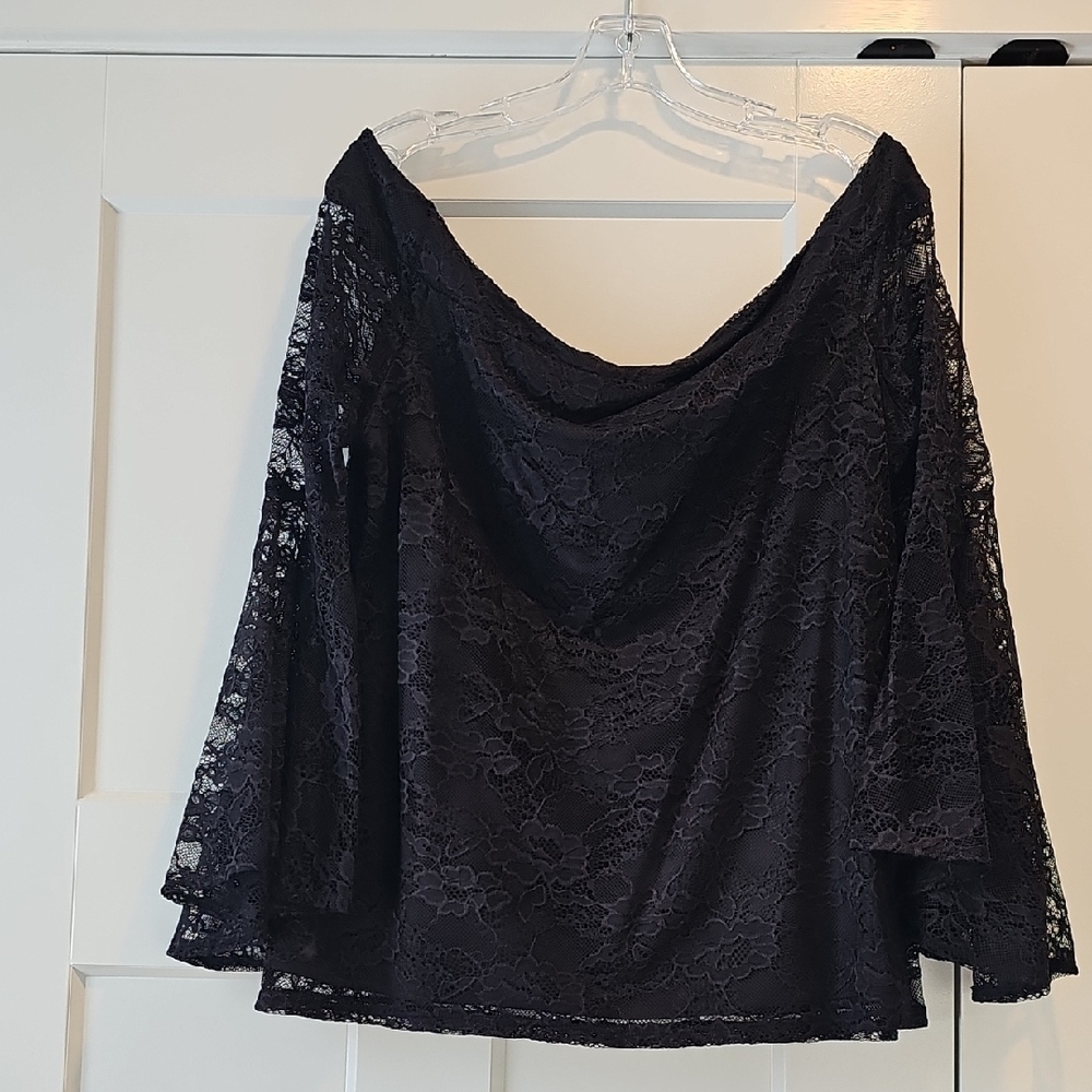 Express Black Lace Off-Shoulder Blouse With Bell Sleeves - XL